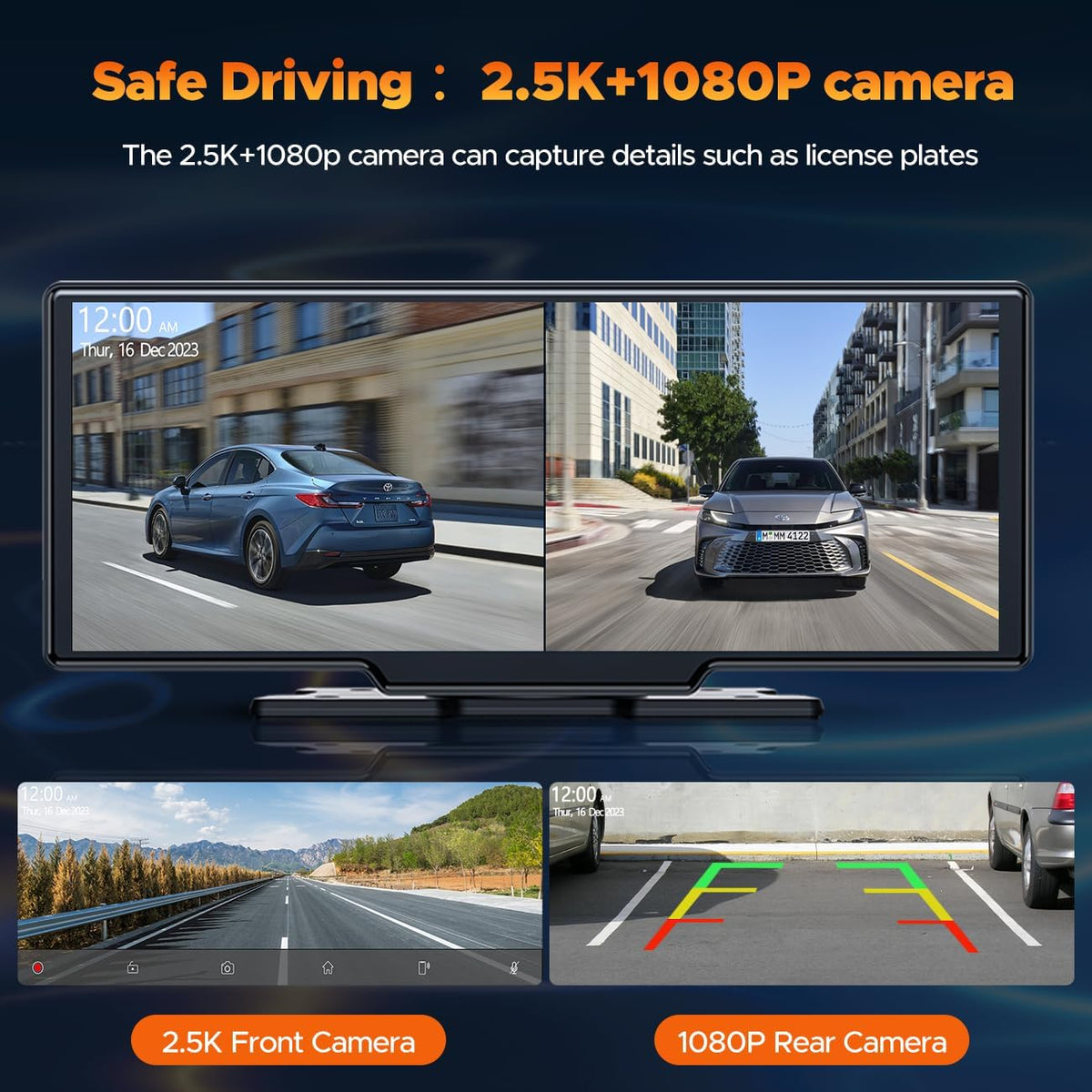Volam Wireless Carplay Screen for Car with 2.5K Dash Cam, 1080p Backup Camera, 9.26" Portable Car Stereo with Apple Carplay Android Auto, Mirror Link, Loop Recording, GPS Navigation, AUX/FM