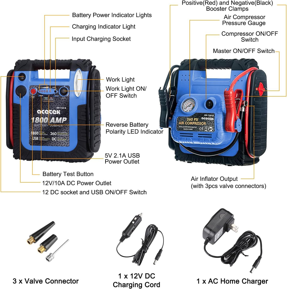 1800 Amp Jump Starter with Air Compressor, acetek Car Battery Jump Starter 260 PSI Tire Inflator, 20000 mAh 12V Auto Lead-Acid Battery Booster (Up to 6L Gas or 6L Diesel Engine) with LED Light & USB