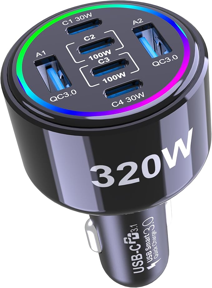 320W USB C Car Charger, 6 Ports Type C Car Charger, PD3.0/QC4.0/PPS Super Fast Charging for iPhone 17/16/15 Series, Galaxy S25/S24/23, iPad, MacBook Pro/Air, Laptop (Black)