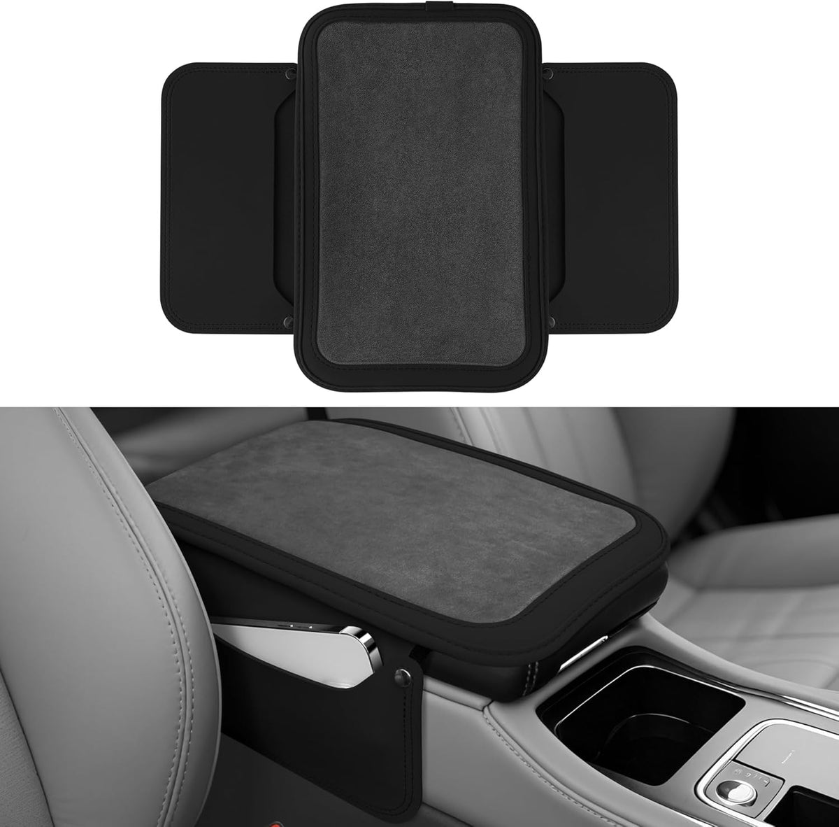 SINGARO Car Leather Center Console Cover with 2 Storage Bags, Universal Furry Fluffy Car Armrest Seat Box Pad, Comfortable Car Interior Accessories, Fits for Most Vehicles (Black)