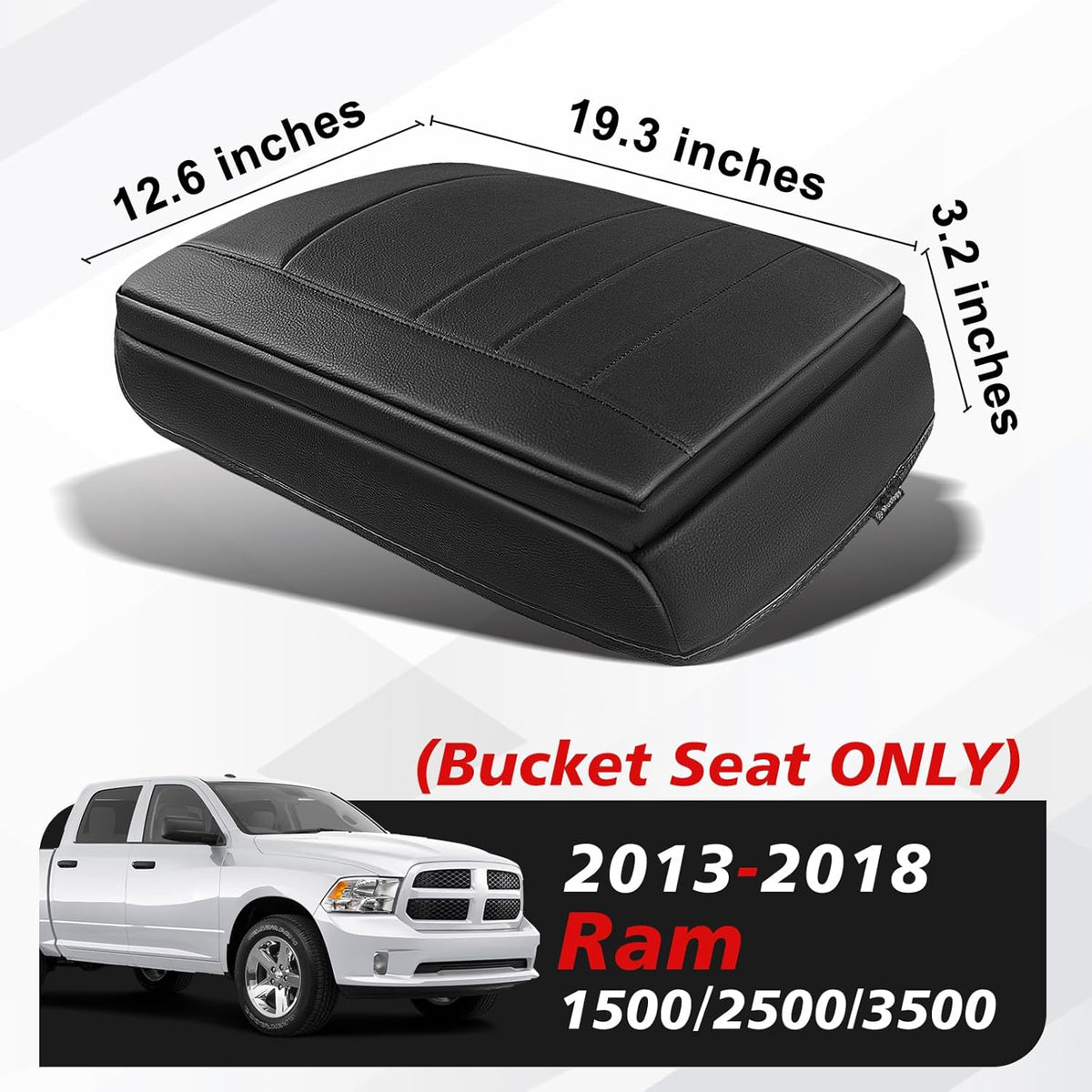 Muslogy Center Console Armrest Cover Compatible with Dodge Ram1500/2500/3500 2013-2018 Comfort Armrest Pad Arm Rest Cushion Vegan Leather Protector 1-Inch Extra Thick(Bucket Seat ONLY)