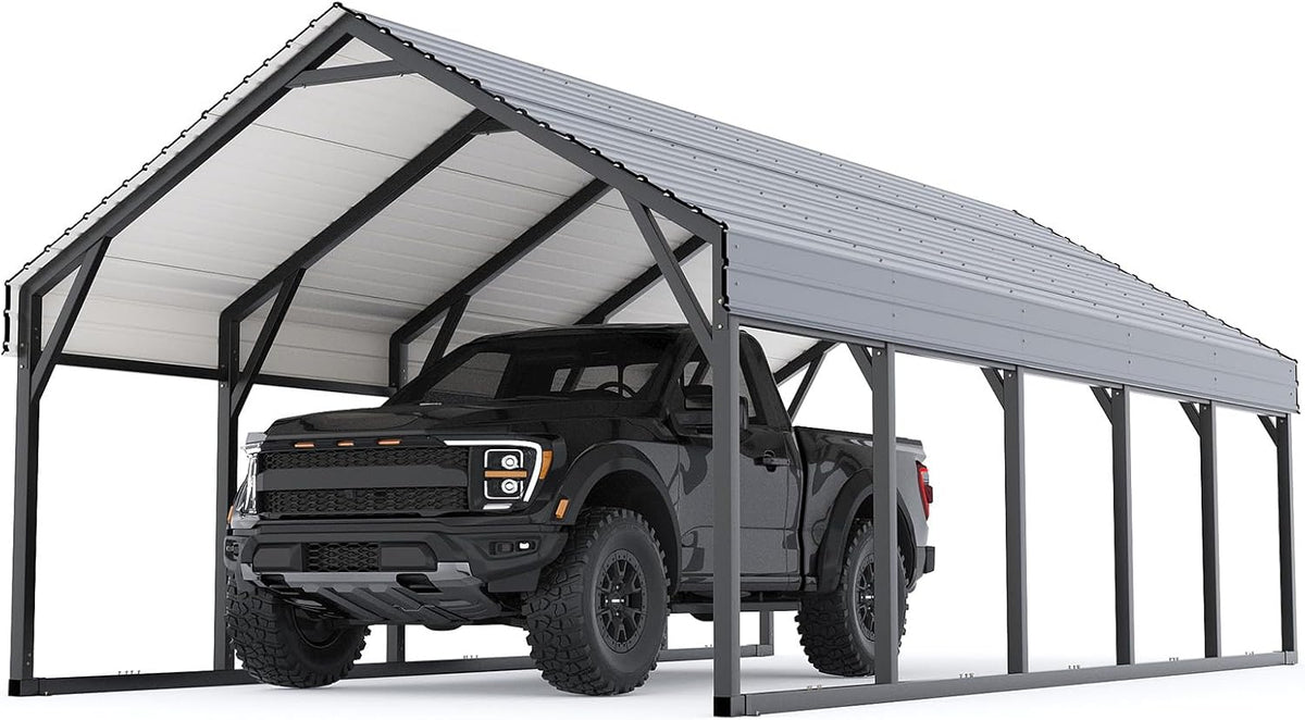 12 x 26 FT Metal Carport, Heavy Duty Carports Reinforced Frame and Steel Roof, All-Weather Shelter Canopy for Pickups, Boats, Cars, and Tractors