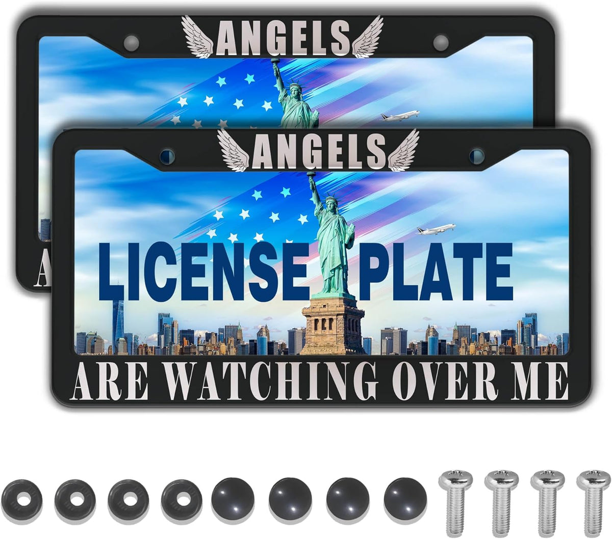 Car Plate Frames Black and White License Plate Protector Angels are Watching Over Me Universal Aluminum Car Accessory 2 Pack with Screw Covers Set