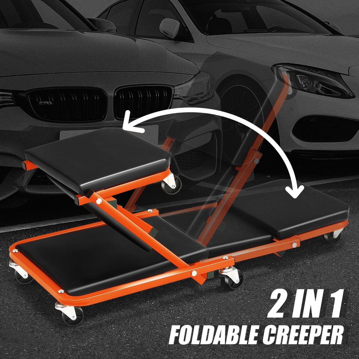 DNA MOTORING 36 Inches 2 IN 1 Rolling Folding Car Creeper/Seat, 6 Pcs 2" Casters, 150kg Weight Capacity, Orange, TOOLS-00185-OG