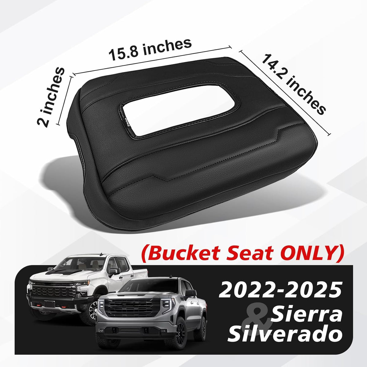 Muslogy Center Console Armrest Cover Compatible with Chevy Silverado & GMC Sierra 1500 2500 3500 2022-2025 Comfort Armrest Pad Arm Rest Cushion Vegan Leather Protector Regular Thick(Bucket Seat ONLY)