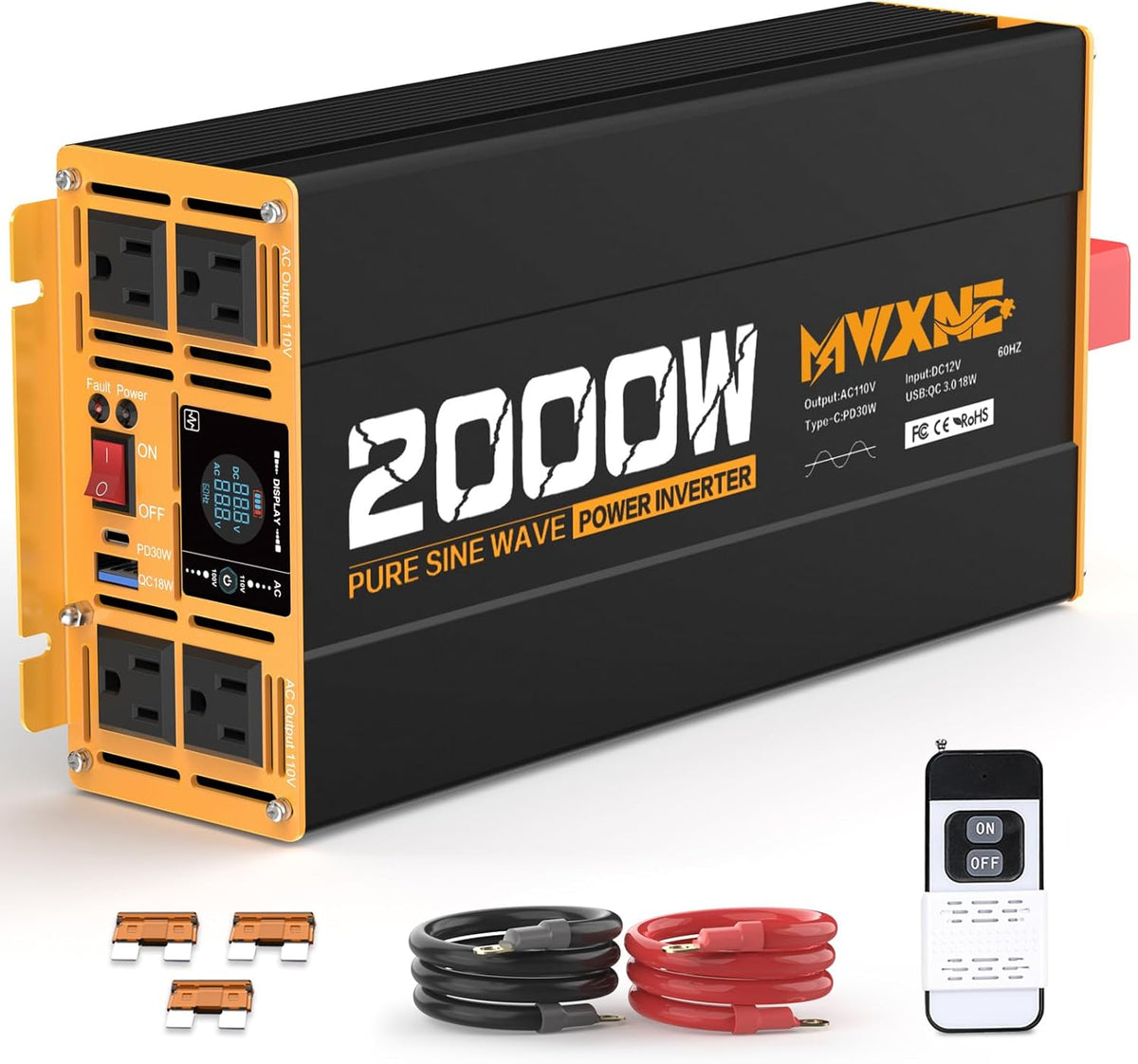 2000W Pure Sine Wave Inverter 12V DC to 110V 120V AC Car Converter for RV Truck Off-Grid Solar Power Inverter with 4 AC Outlets, USB/Type-C Fast Charging Ports, LCD Display, Remote Control