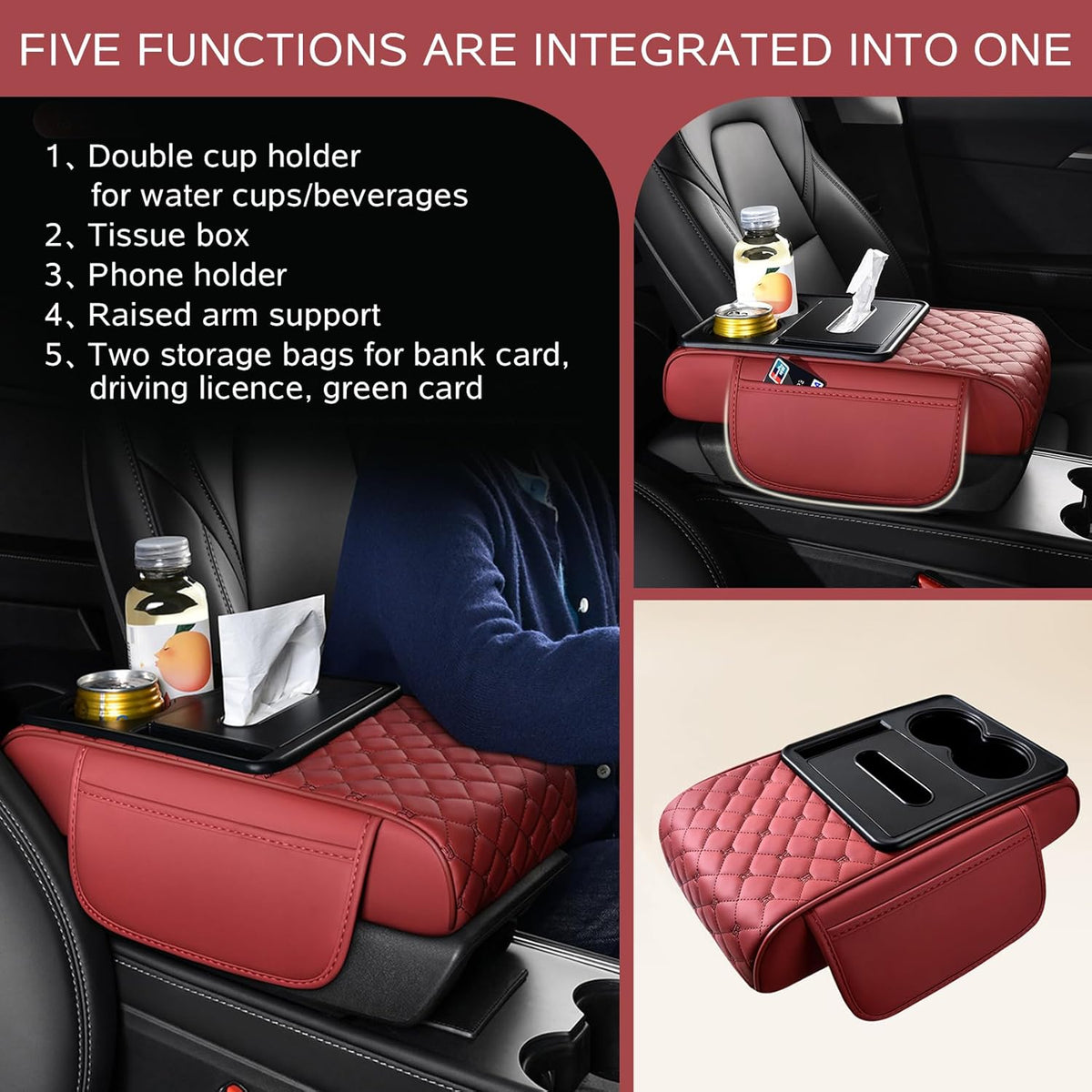5 in 1 Car Armrest Storage Box for Center Console, Armrest Cushion Cover for Car with 2 Cup Holders Storage Bags, Tissue Box, Phone Slot, Premium Memory Foam with Nappa Leather, 14.2*7.9*2.8in (Black)