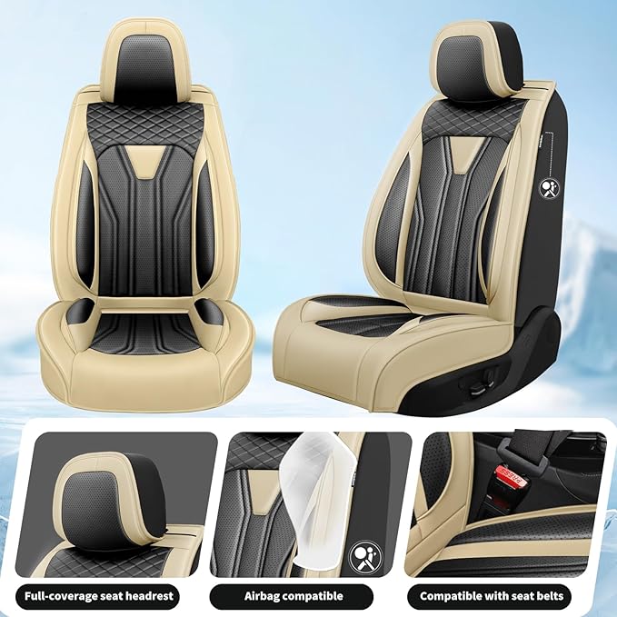 Fit FJ Cruiser Car Seat Covers Premium Leather for Toyota Fj Cruiser 2007-2013 2014. Waterproof， Breathable，Scratch-Resistant & All-Weather Seat Cushion Protector (Front Pair, Beige & Black)