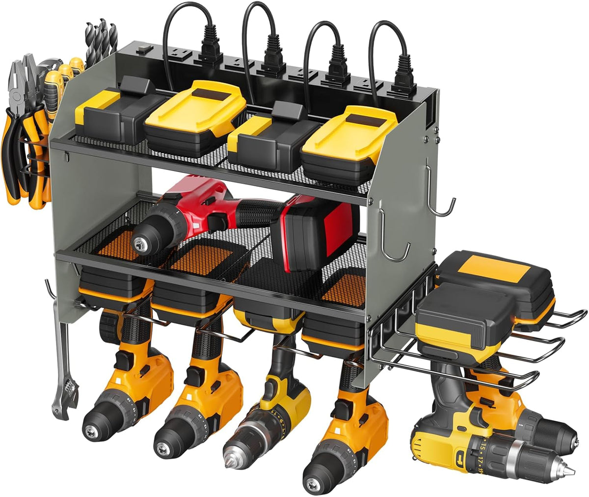 CCCEI Modular Power Tool Organizer Wall Mount Charging Station, Grey 6 Drills Holder with 8 Plug Power Strip 10FT, Garage Drill Battery Heavy Duty Metal Shelf, Utility Rack with Hooks, Side Storage.