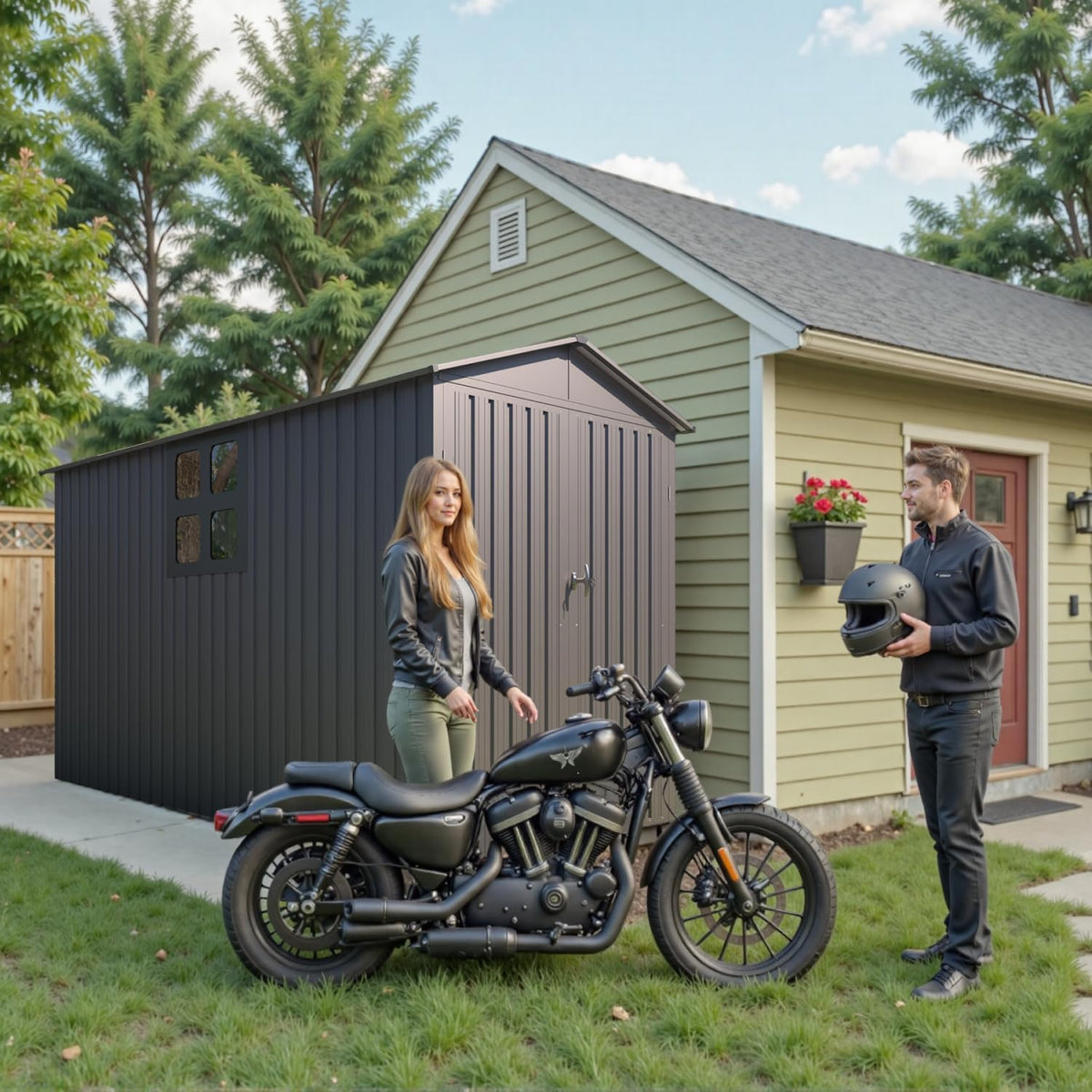 5’ x 10’ Motorcycle Storage Sheds, Metal Shelter & Garage with Windows and Lockable Door Handle, Heavy Duty Vehicle Shed for All Weather, Track System Included, Anthracite