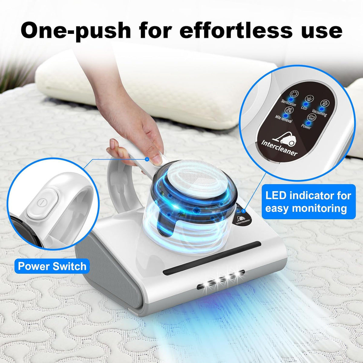 Mattress Vacuum Cleaner,13Kpa Powerful Suction Bed Vaccum Cleaner with UV-C Light,LED Headlights and High Heating Tech,1.2kg Light Weight Handheld vaccum for spot Cleaning,Sofa,Couch Fabric Cleaner