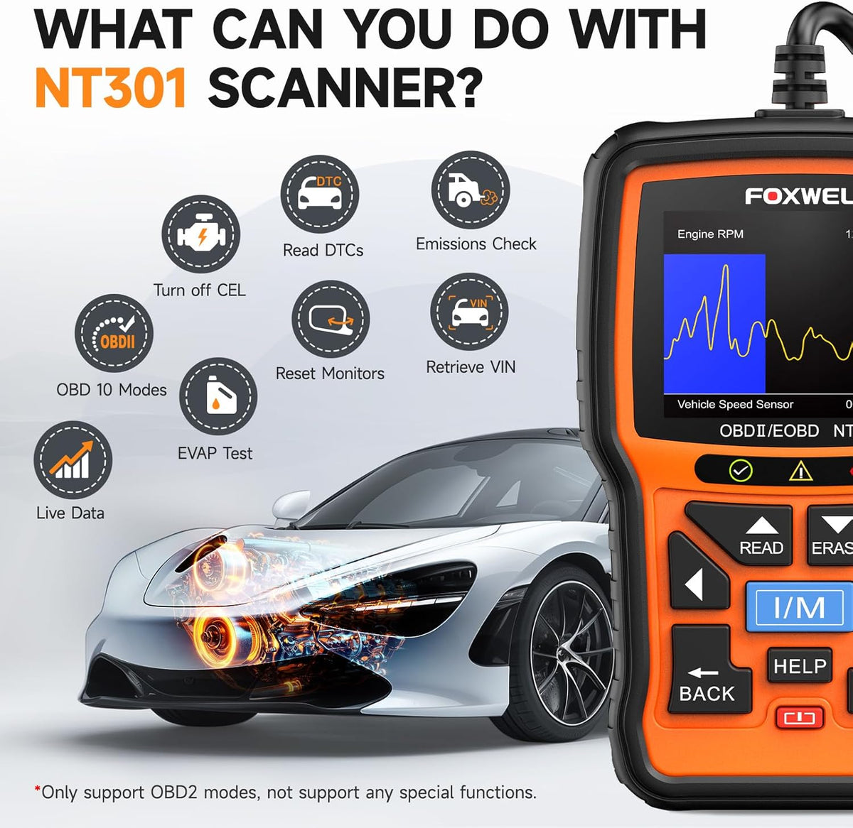 FOXWELL NT301 OBD2 Scanner Graphing Live Data Diagnostic Code Reader Professional Mechanic OBDII Scan Tool for Check Engine Light 2.8'' Color Screen OBD II Scanner for 1996 or Newer Vehicle