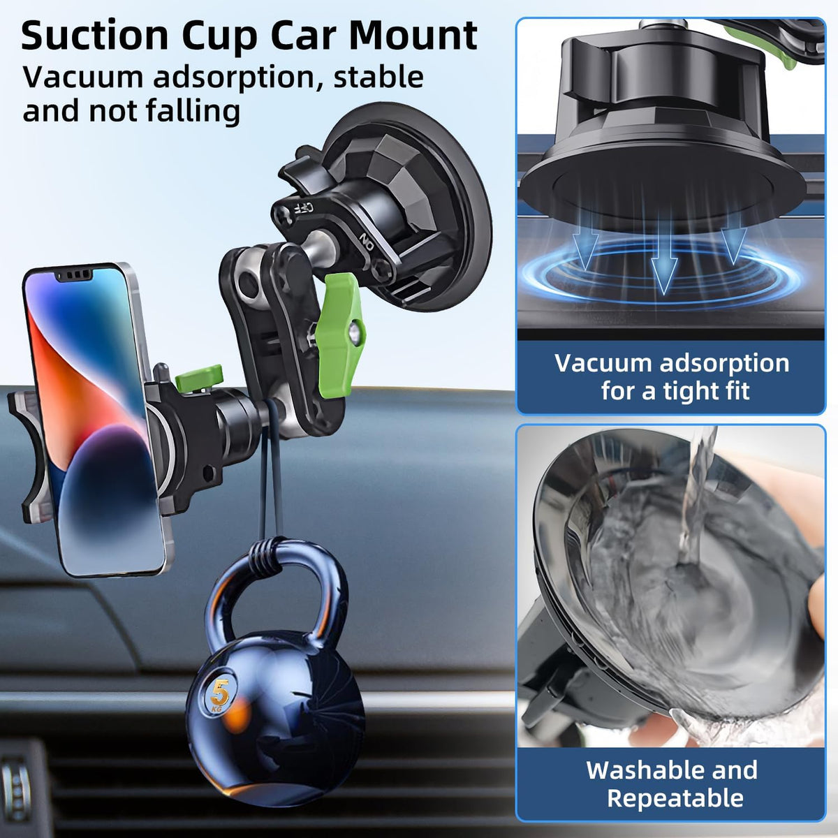 HEMMOTOP Suction Cup Car Phone Mount, 12 in Heavy Duty Metal Cell Phone Holder for Windshield, 360° Rotation Vacuum Magic Arm for iPhone All Smartphone & Cars Truck