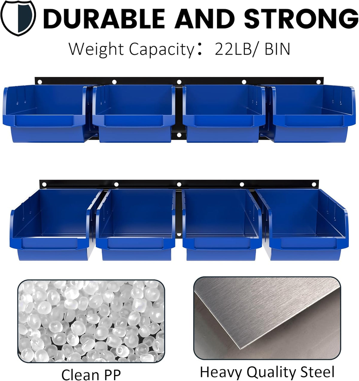UNITEDPOWER wall mounted garage storage bin, Parts Rack, Plastic Hanging Stackable Storage Bin, Hardware Tool Organizer for workshop, Craft Room, school and Shop, 8 Bins&2 Rails (Blue), Large
