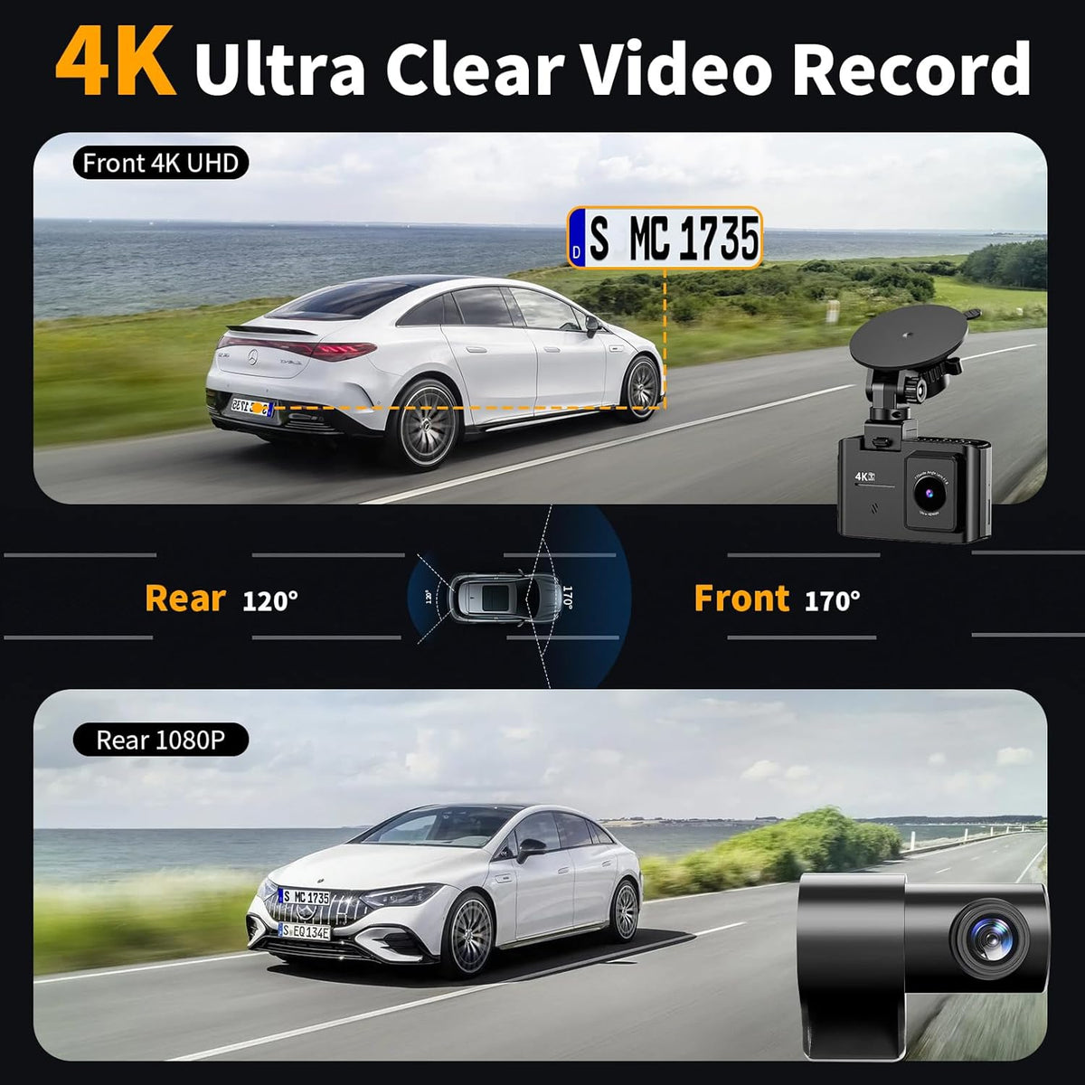 Dash Cam Front and Rear: 4K Dual Channel Dash Cam - 5GHz WiFi, Dash Camera for Cars with 64GB Card, 2.0" IPS Screen, App Control, G-Sensor, Loop Recording, 170° Wide Angle, Night Vision, Parking Mode