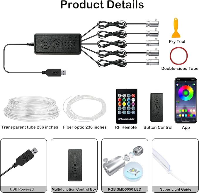 Interior Car LED Strip Lights, RGB 5 in 1 Ambient Lighting Kits with 236 inches Fiber Optic, 16 Million Colors Music Sync USB Car Interior Lights with Wireless APP/Button/RF Remote Control (5 in 1)