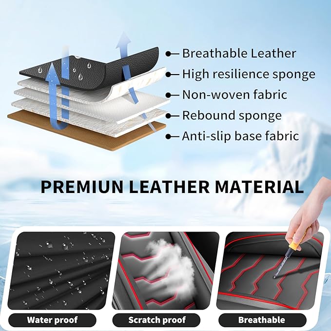 Fit Rogue Car Seat Covers Compatible with Nissan Rogue 2011-2025 2026 - Full Set Premium Leather， Waterproof Breathable， All-Weather Seat Cushion Protecto&Airbag Compatible（Red Line Black