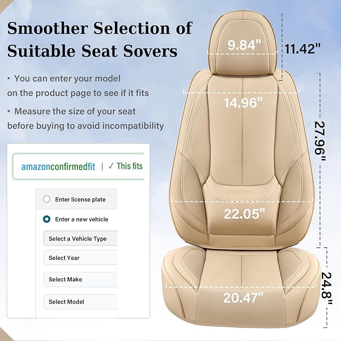 Coverado Seat Covers, Car Seat Covers Front Seats, Car Seat Cover, Car Seat Protector Waterproof, Car Seat Cushion Nappa Leather, Beige Seat Covers Carseat Cover Universal Fit for Most Cars