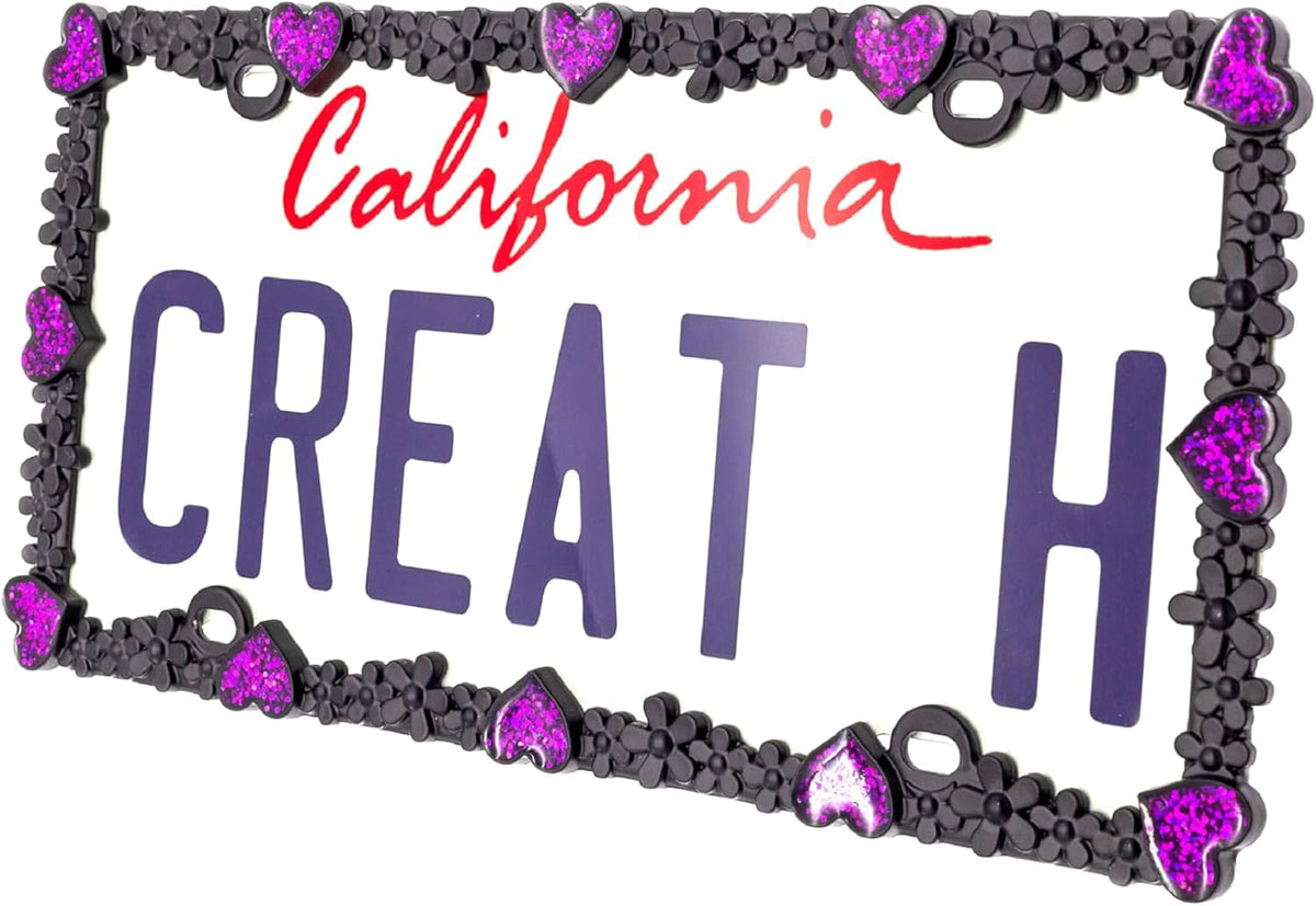 Creathome 3D Shining Daisy Heart License Plate Frame from Pure Zinc Alloy Metal Perfect Plate Holder, Matt Black with Purple Glitter, Luminously Heart