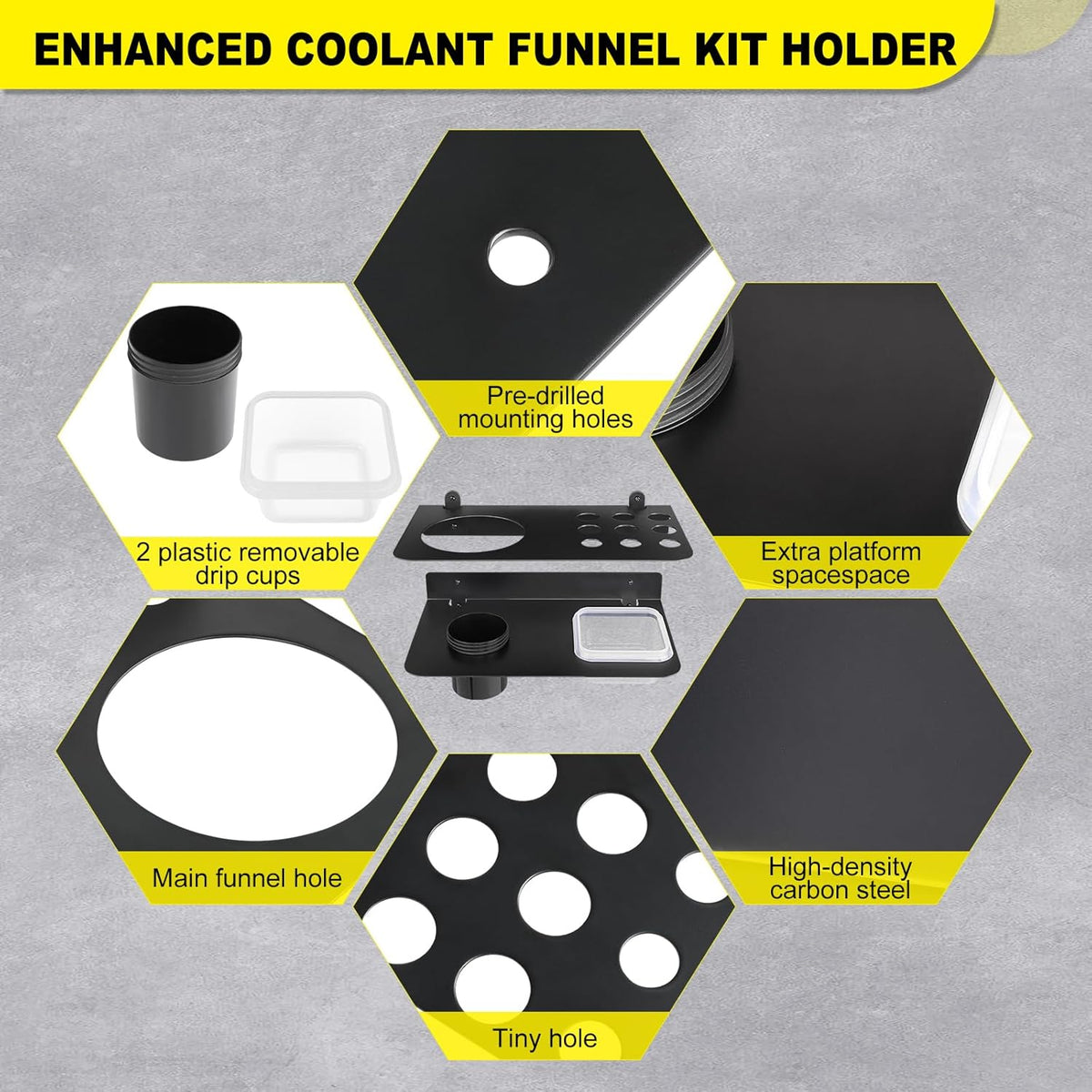 Coolant Funnel Kit Holder Storage Rack Includes 2 Plastic Removable Drip Cups, Wall Mount Fluid Drain Funnel Kit Organizer Bracket for Enclosed Race Trailers, Automotive Garage Shop, Black
