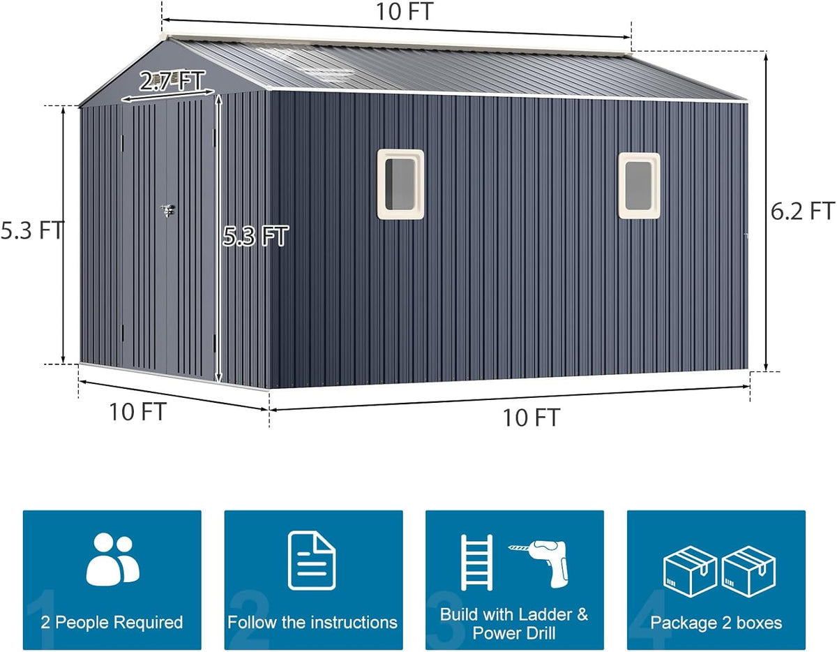 10x10 FT Metal Shed Large Waterproof Outdoor Tools Storage with Clear Roof Windows Air Vent Door for Outside Garden Patio Lawn Backyard to Store Bikes,Lawnmower,Garage,Dark Grey