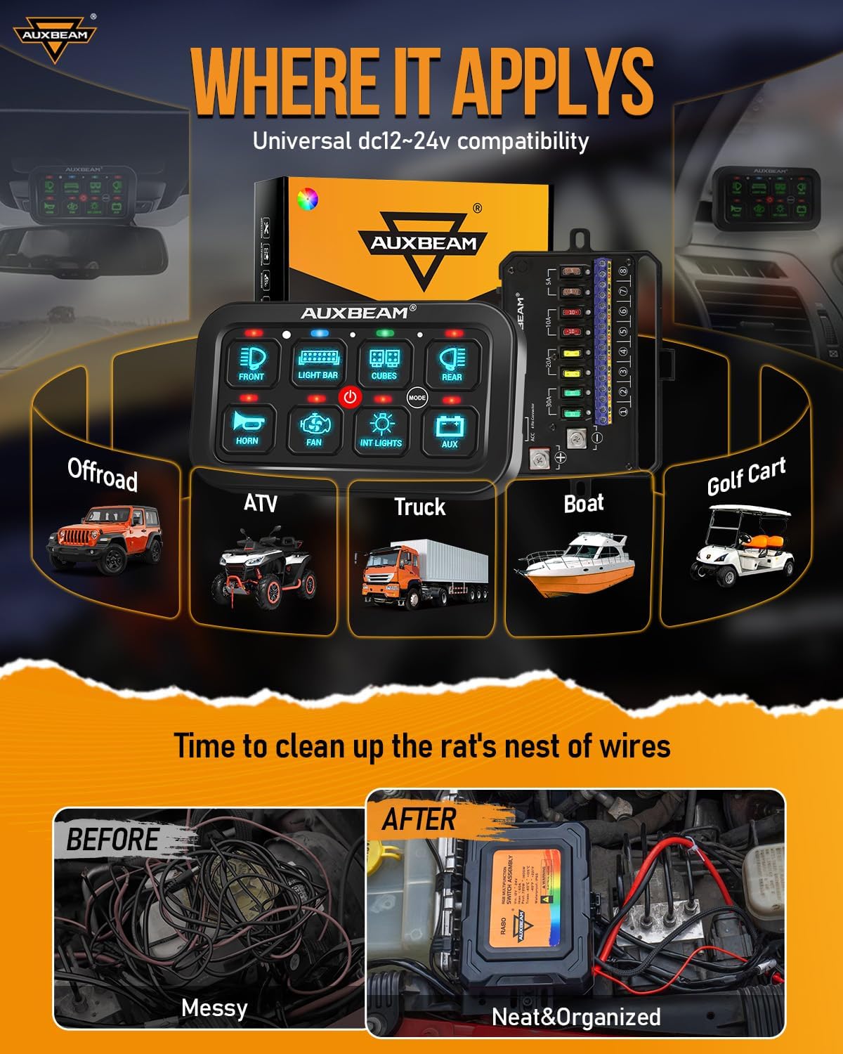 Auxbeam 8 Gang Switch Panel RA80 Auto-Dimmable RGB Switch Panel w/Momentary Toggle Pulsed, 12V-24V Automotive Aluminum Switch Panel for Truck Offroad Car Boat Waterproof, 2 Years Warranty