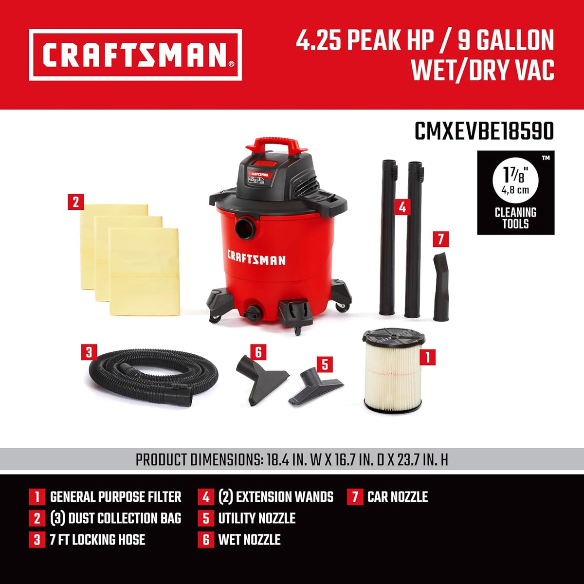 CRAFTSMAN CMXEVBE18590 9 Gallon 4.25 Peak HP Wet Dry Vac, Portable Shop Vacuum Wet and Dry with Filter, 3 Dust Bags, Hose and Attachments for Home, Garage and Automotive Cleaning