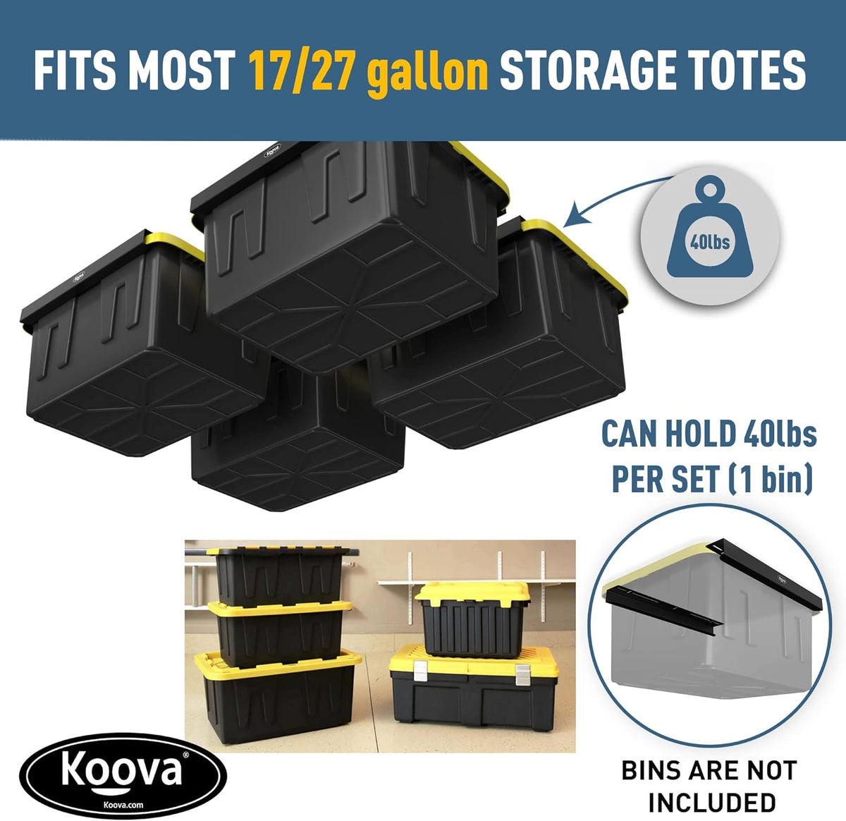 Koova Heavy-Duty Overhead Garage Storage Rack for 4 Bins. Adjustable Width, 160lb Capacity. DIY Safe Ceiling Mount, Easy Install. Fits 27-Gallon Totes. USA Made Pro-Grade Steel. Space Saving Organizer