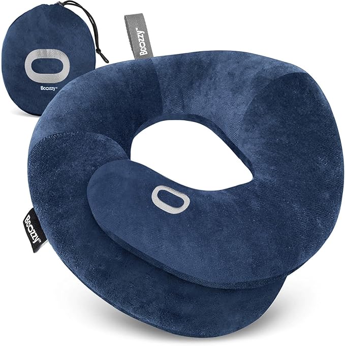 BCOZZY Organic Cotton Double Support Neck Pillow for Travel - 3 Ergonomic Positions for Head, Neck, and Chin Comfort - Ideal for Sleeping Upright on Flights, Cars, and at Home – X-Large, Navy