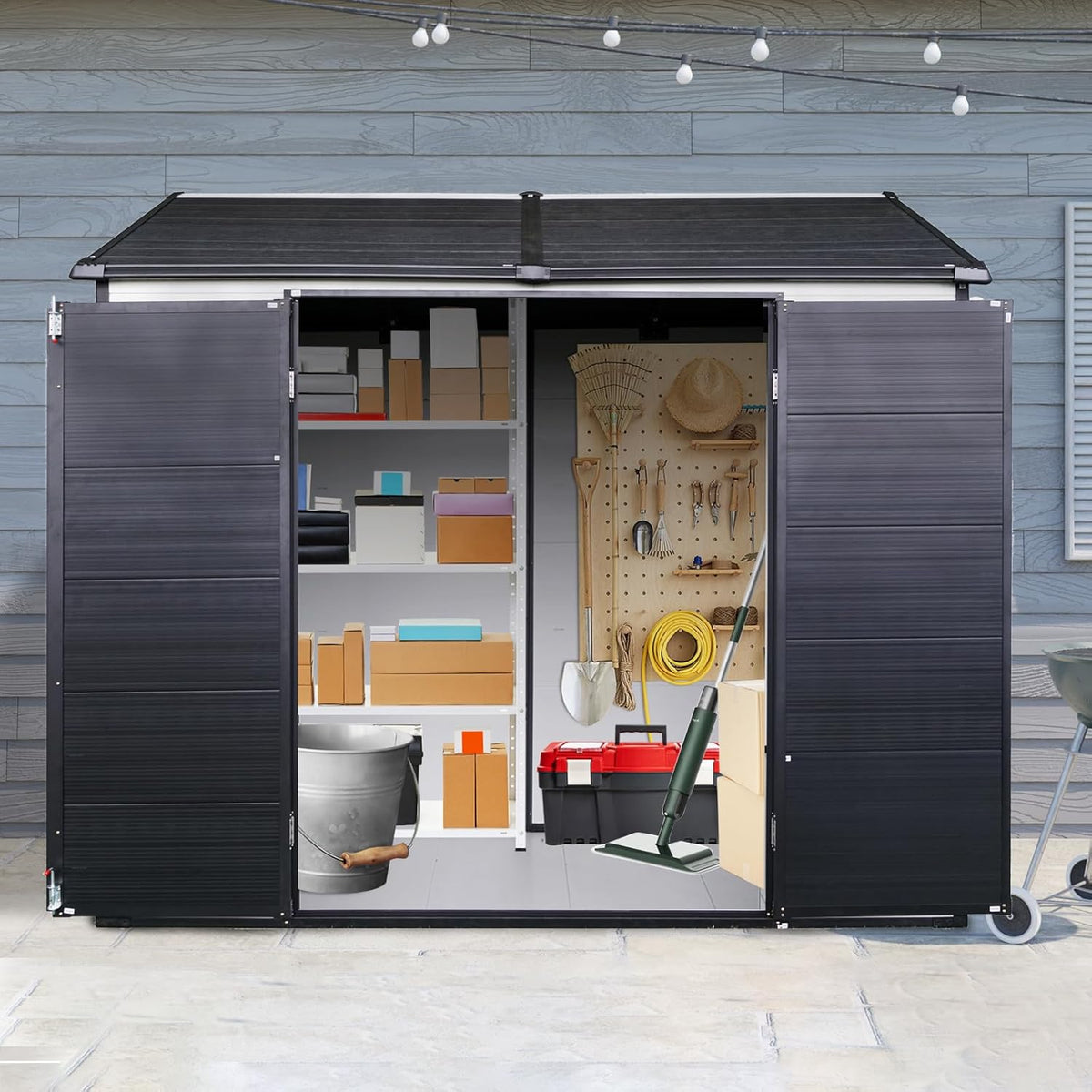 8x6 FT Outdoor Storage Resin Shed with Floor,Waterproof Plastic Garden Bike Shed with Lockable Door, Sloped Roof, Vents & Windows, Easy Assembly Tool Shed for Lawn, Backyard, Patio, White
