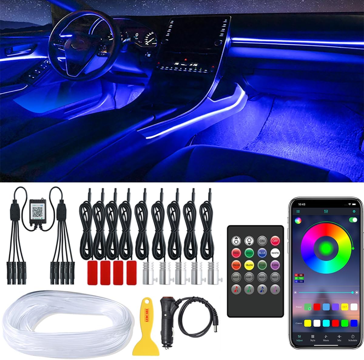 Car LED Strip Lights, LEDCARE 9 in 1 RGB Car Interior Lights with APP & Remote Control, 16 Million Colors Ambient Lighting Kit with 5 Fiber Optic LED Strips & 4 Under Dash Lights, Sync to Music