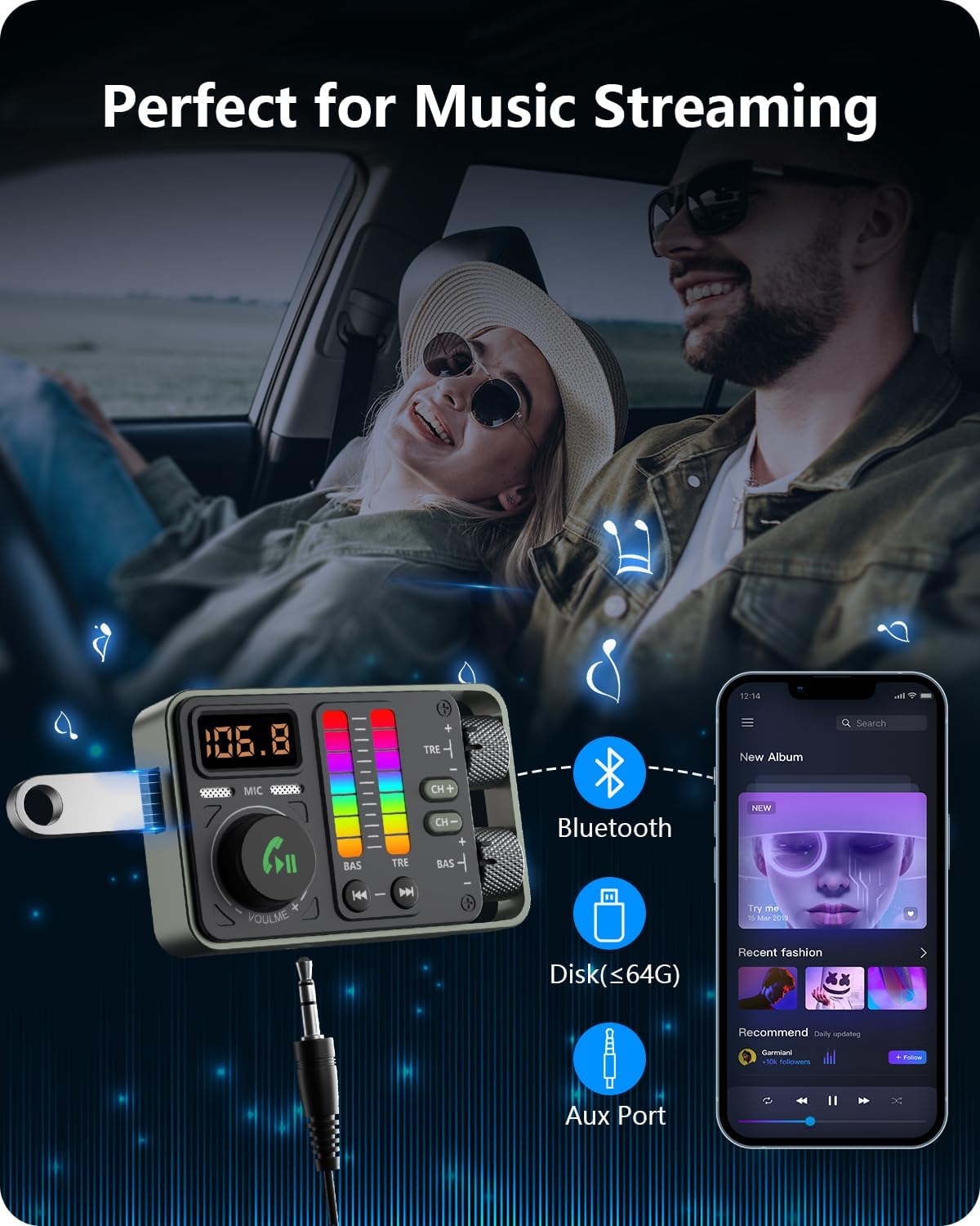 LENCENT Bluetooth Car Adapter, Bluetooth 5.3 FM Radio Transmitter with Hi-Fi Treble & Bass Music Player, PD20W and QC18W Fast Charger, Dual Mics for Hands-Free Call, Siri & Google, U Disk/3.5mm AUX
