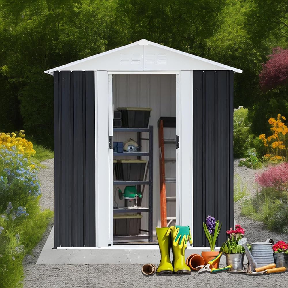 Outdoor Sheds 5FT x 3FT Outdoor Storage, Metal Anti-Corrosion Utility Tool House with Lockable Door & Shutter Vents，Outdoor Waterproof Garden Tool Metal Storage Sheds （Grey）
