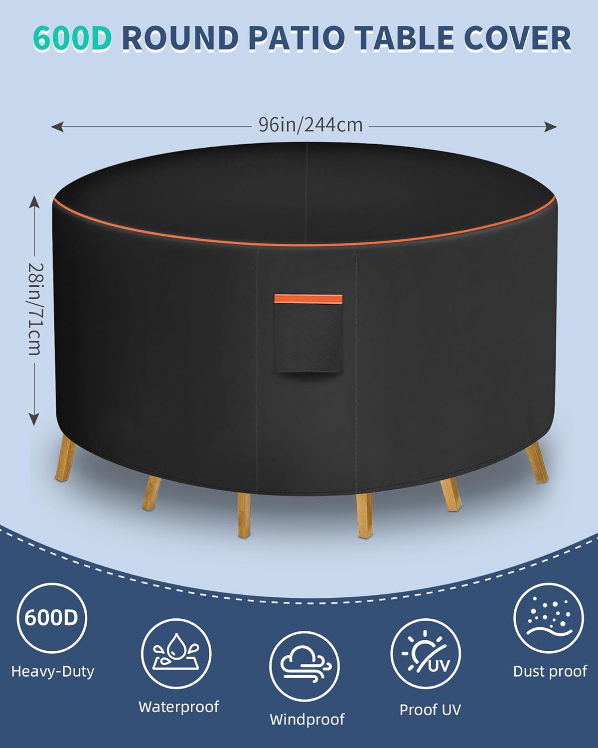 Round Patio Furniture Cover, 96 Inch Diameter Waterproof 600D Heavy Duty Table and Chair Set Protection Black