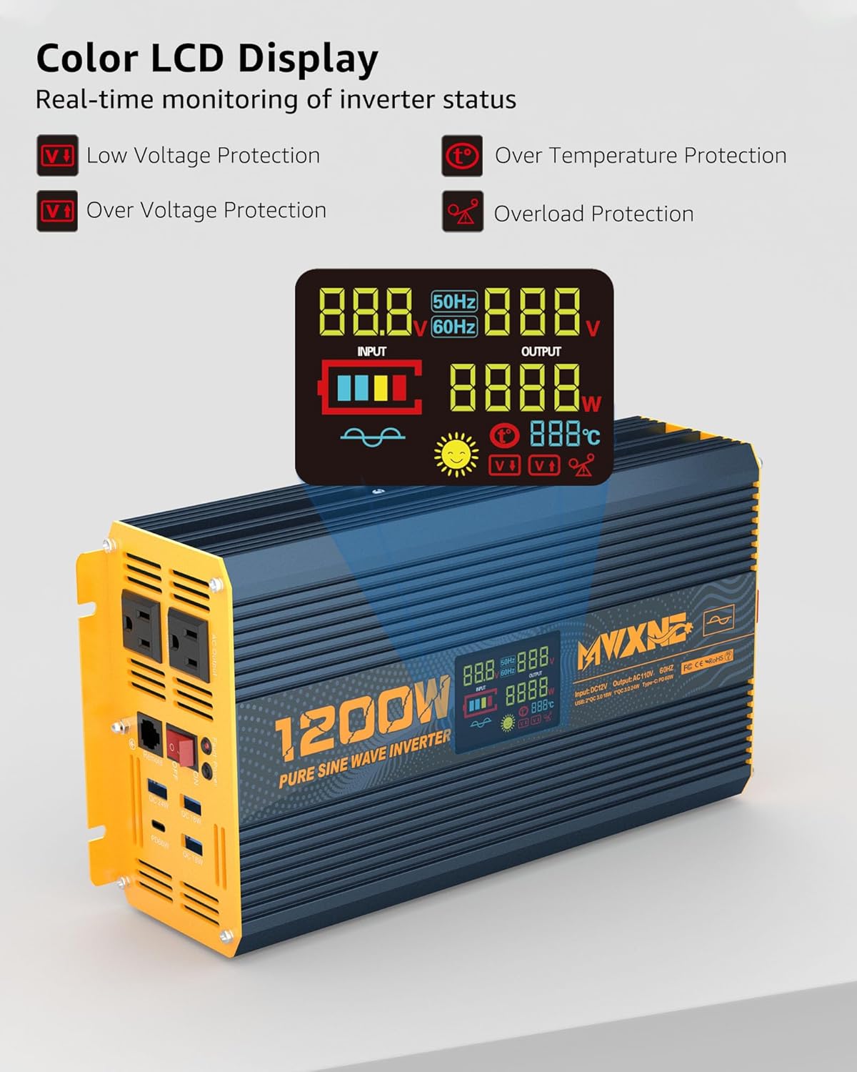 1200 Watt Pure Sine Wave Power Inverter DC 12V to 110V AC Converter with Dual AC Outlets, PD60W/QC3.0 Fast Charging USB Ports, Car Solar Inverter with LCD Display for Home RV Truck