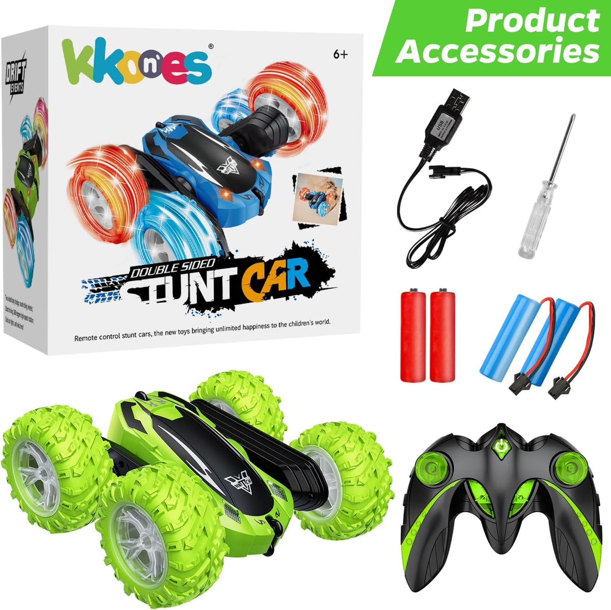 KKONES Remote Control Car, 2.4GHz Electric Race Stunt Car, Double Sided 360° Rolling Rotating Rotation, LED Headlights RC 4WD High Speed Off Road Gift for 3 4 5 6 7 8-12 Year Old Boy Toys (Green)