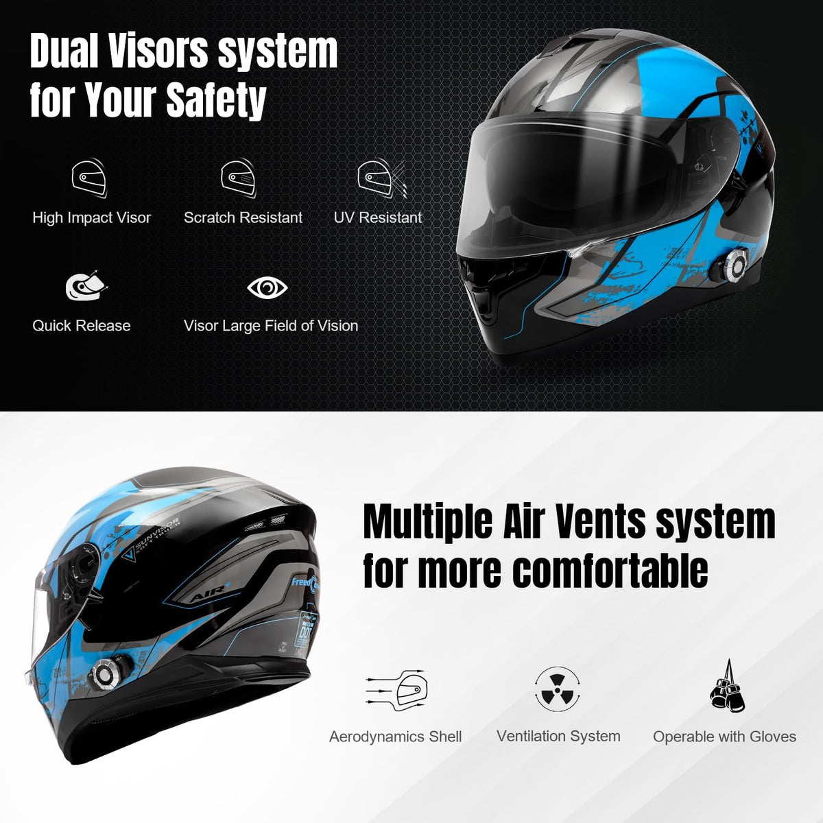 FreedConn BM12 Bluetooth Full Face Motorcycle Helmet with Intercom System Dual Visor Bluetooth 5.0 Motorbike Helmet 2~3 Riders Pair/ 500M/ FM ( Blue & Black, X-Large)