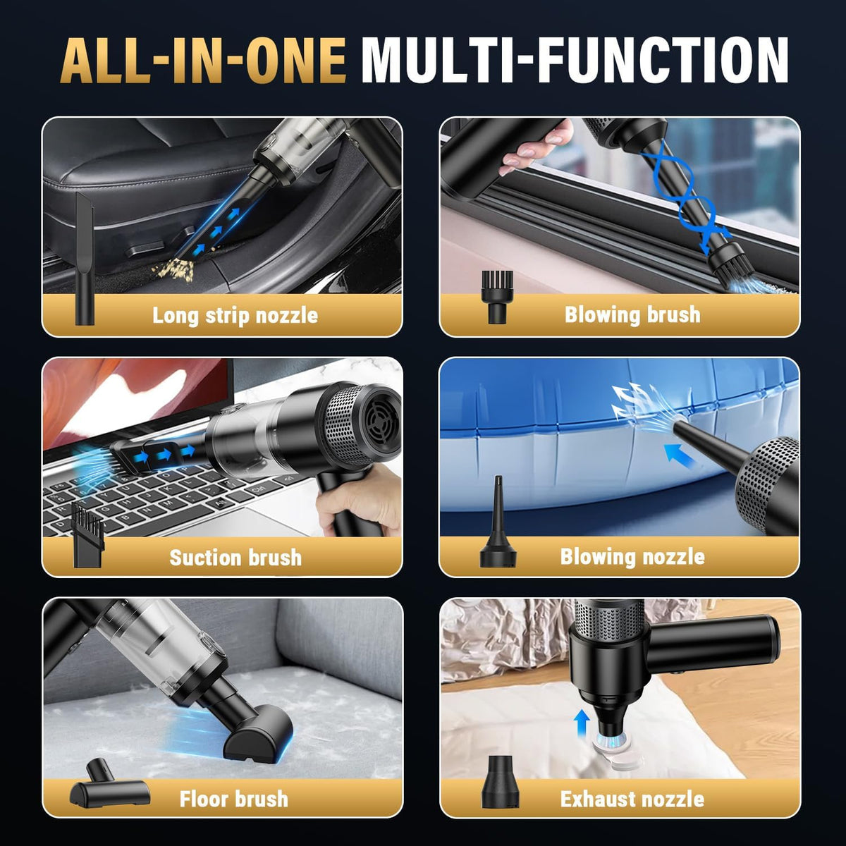 Handheld Car Vacuum Cleaner, 16000PA Car Vacuum Portable Cordless,4 in 1 Air Duster and Vacuum Cleaner with LED Light，Dual Filters, High Power Handheld Used for Home, Pet, Office
