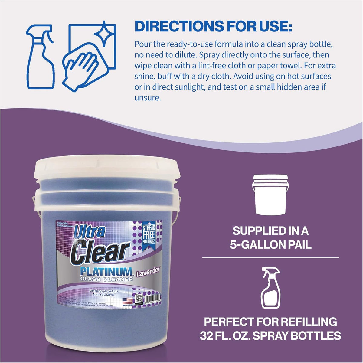 Ultra Clear Platinum Glass Cleaner, Crystal Clear Streak-Free Shine Polished Finish, for Commercial and Residential Use Lavender Fresh, 5 Gallons