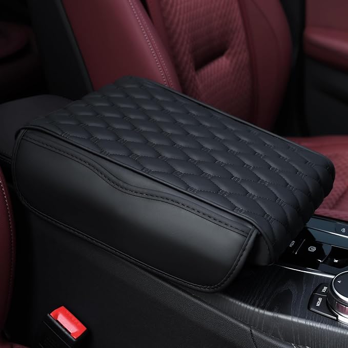 Center Console Cover, Arm Rest Cover, Memory Foam Microfiber Leather Car Armrest Cover Cushion with 2 Storage Bags, Universal Center Console Covers for Cars/Truck/Auto/SUV (Black)