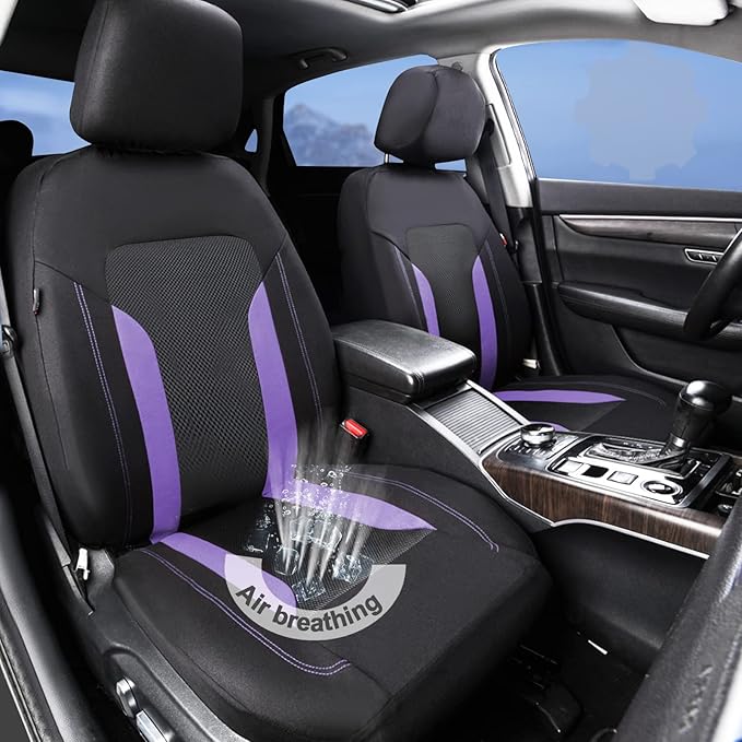 CAR PASS 3D Air Mesh Car Seat Covers Full Set, Breathable Sporty Rear Bench With Zipper for Armrest Box Universal Fit 95% Automotive SUV,Truck,Sedan Interior Cute Women Airbag Compatible, Black Purple