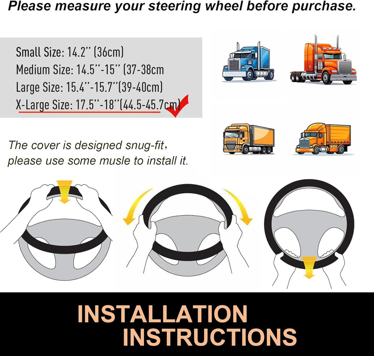 PINCTROT XL Size 17.5-18 Inch Comfy Grip Steering Wheel Cover for Semi Truck, Fits RV, Big Rig Trucker, 18 Wheeler and Classic Cars, Anti-Slip Design 17.5-18 Inch(Silicone Black)