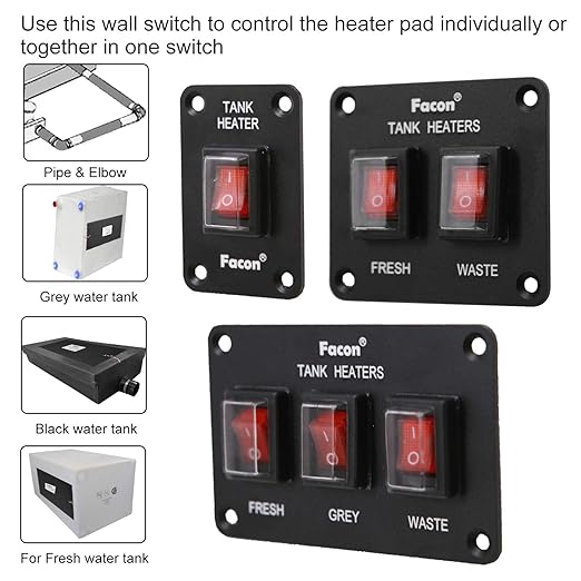 Facon 12Volts Switch Box Panel, 10Amps Rocket On&Off Switch with Red Indicator Light for RV Tank System, IP66 Waterproof Control Gang Kit System for RV Tank Heating Pad