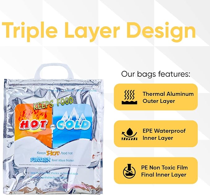 Superio Hot and Cold Insulated Bags for Food Delivery, Grocery Shopping Bags, Food Storage for Hot and Frozen Food for Travel, Disposable Cooler Bag, Reinforced Thermal Lunch Bag (12, 20" x 19")