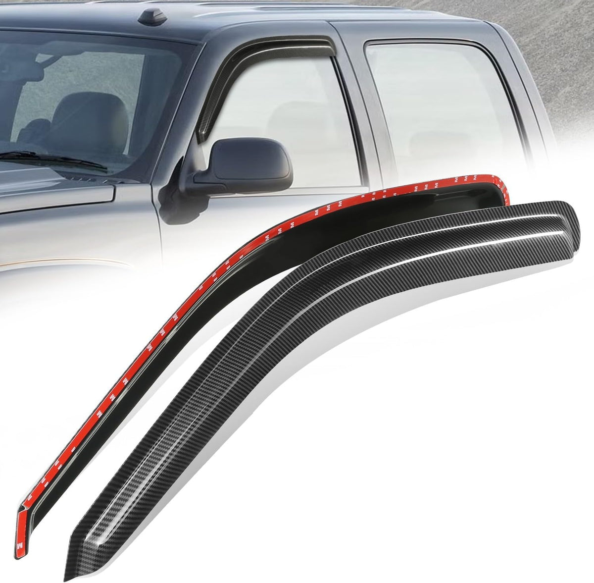 Auto Dynasty 2Pcs Carbon Fiber Pattern Window Visors Compatible with 1999-2007 Chevy Silverado GMC Sierra 1500 2500 3500 & Classic Standard Cab, Tape-On Window Deflectors Rain Guards, Glossy Black