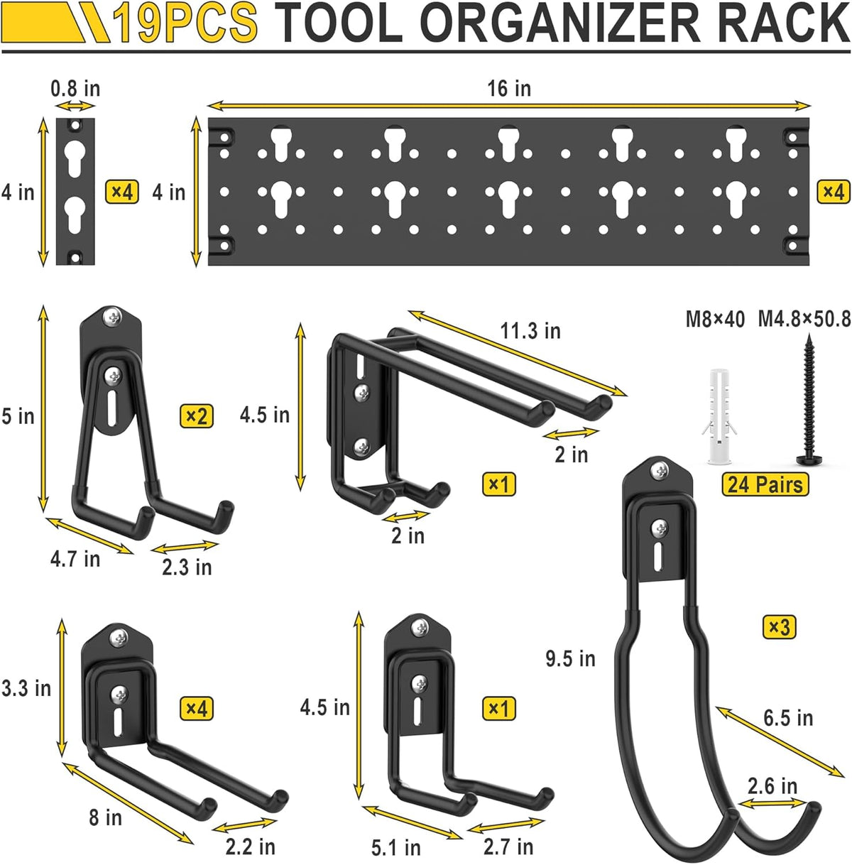 Ultrawall Garage Storage Organization, Versatile Storage Hooks Garden Tool Organizer Wall Mount, 64 Inch Yard Tool Organizer Hangers for Shovels, Rakes, Ladders, 19pcs Black