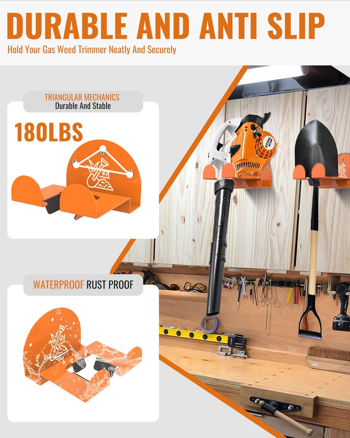 Weedeater Rack & Garden Tool Hanger - 2 Pack - 180LB Heavy-Duty Alloy Steel Wall Mount Set, for Stihl Power Tools, Grass Trimmer, Garden Tools, Space-Saving Storage for Garage, Shed, Workshop