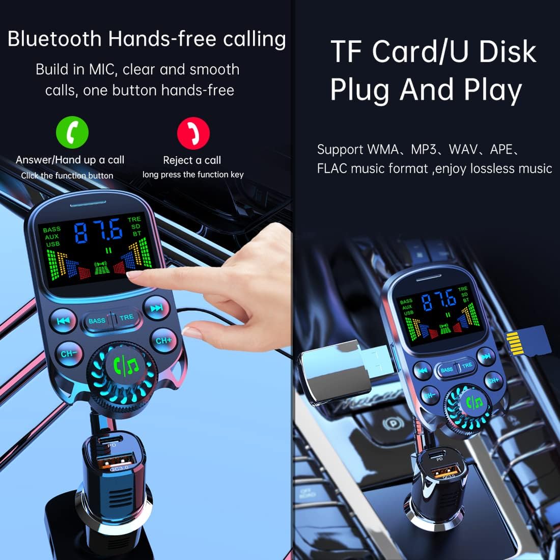 Bluetooth FM Transmitter for Car 1.5" Color Screen Display Wireless Handsfree Radio Transmitter Car Charger Adapter Support TF Card USB Flash Drive 48W PD/ QC3.0 Dual USB Charging (Black)