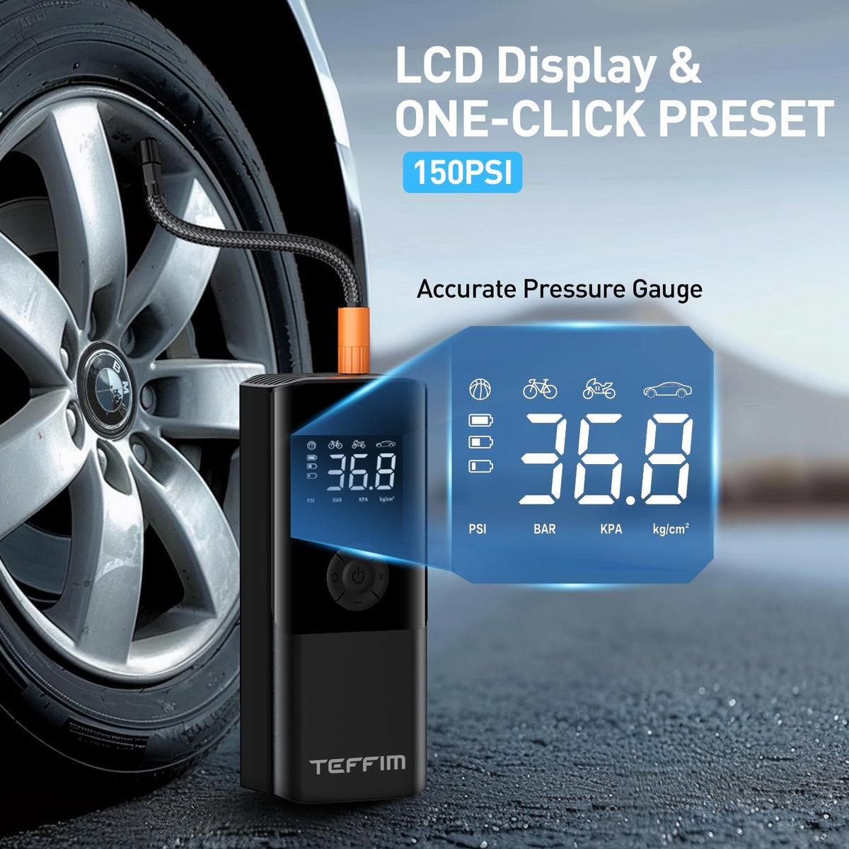 Tire Inflator Portable Air Compressor - 150PSI & 20000mAh Battery, 12V Smart Air Pump for Car Tires, 6X Tire Pump with Pressure Gauge, Auto Shut-off, Motorcycle, SUV, Bike Pump, Bicycle, Balls