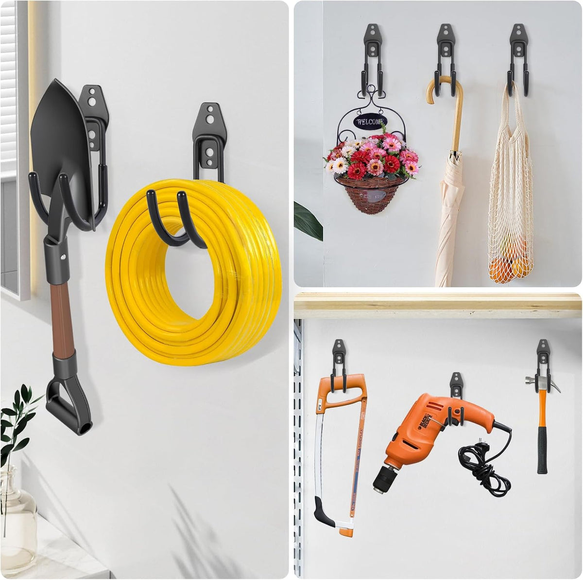 Garage Tool Hooks Wall Mount, 6 Pack Heavy Duty Storage Hooks for Garden Tools, Wall Hooks for Garden Hoses, Brooms, Ladders, Garage Storage and Organization Accessories